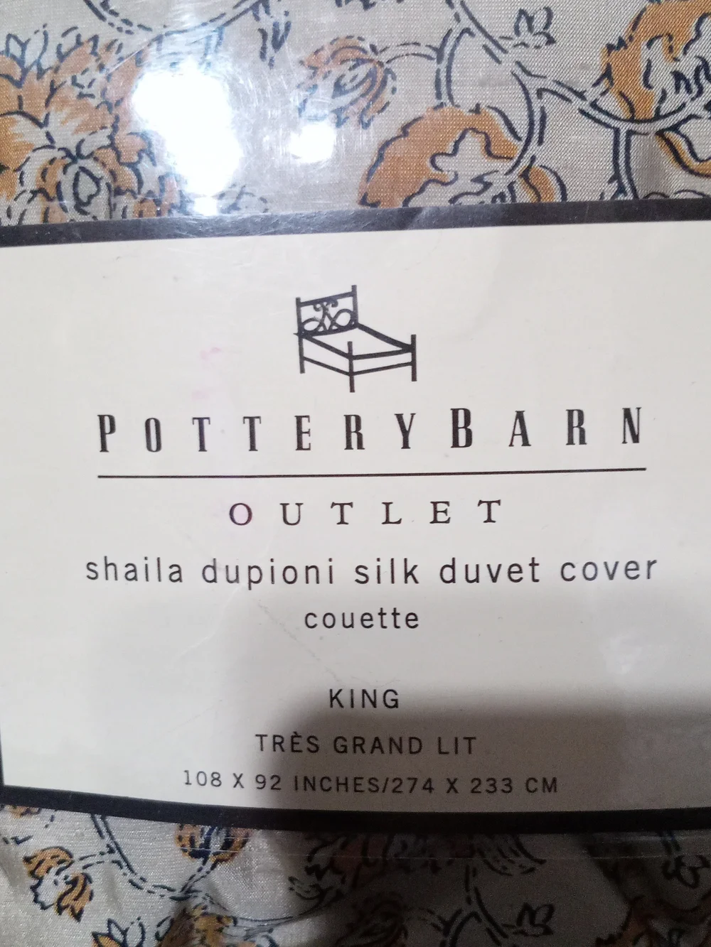 Pottery Barn Beige and Mustard Floral Shaila Dupioni Silk Duvet Cover